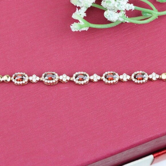 "Rose Gold Plated Red Oval Stone Bracelet with White Accents, XPBL0778 - Picture 1 of 11